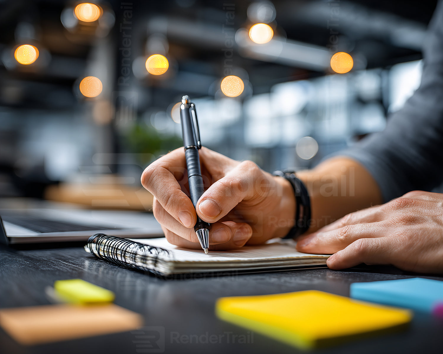 Focused individual writing in a modern workspace with colorful sticky notes in the foreground