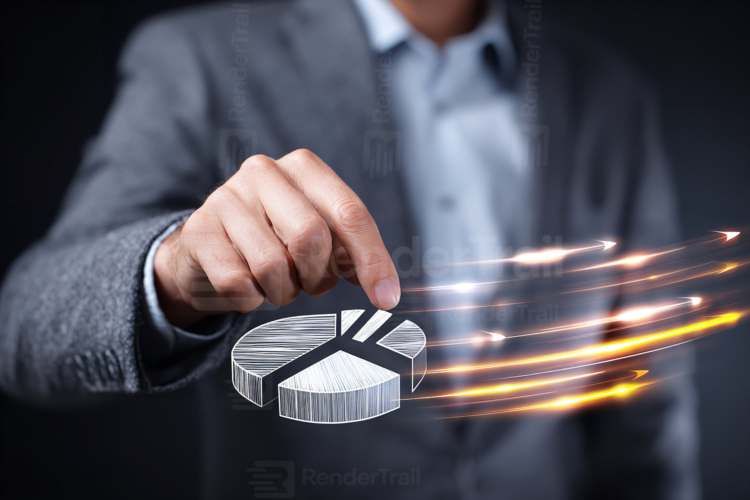 Business professional using digital pie chart for data analysis and presentation in a corporate setting