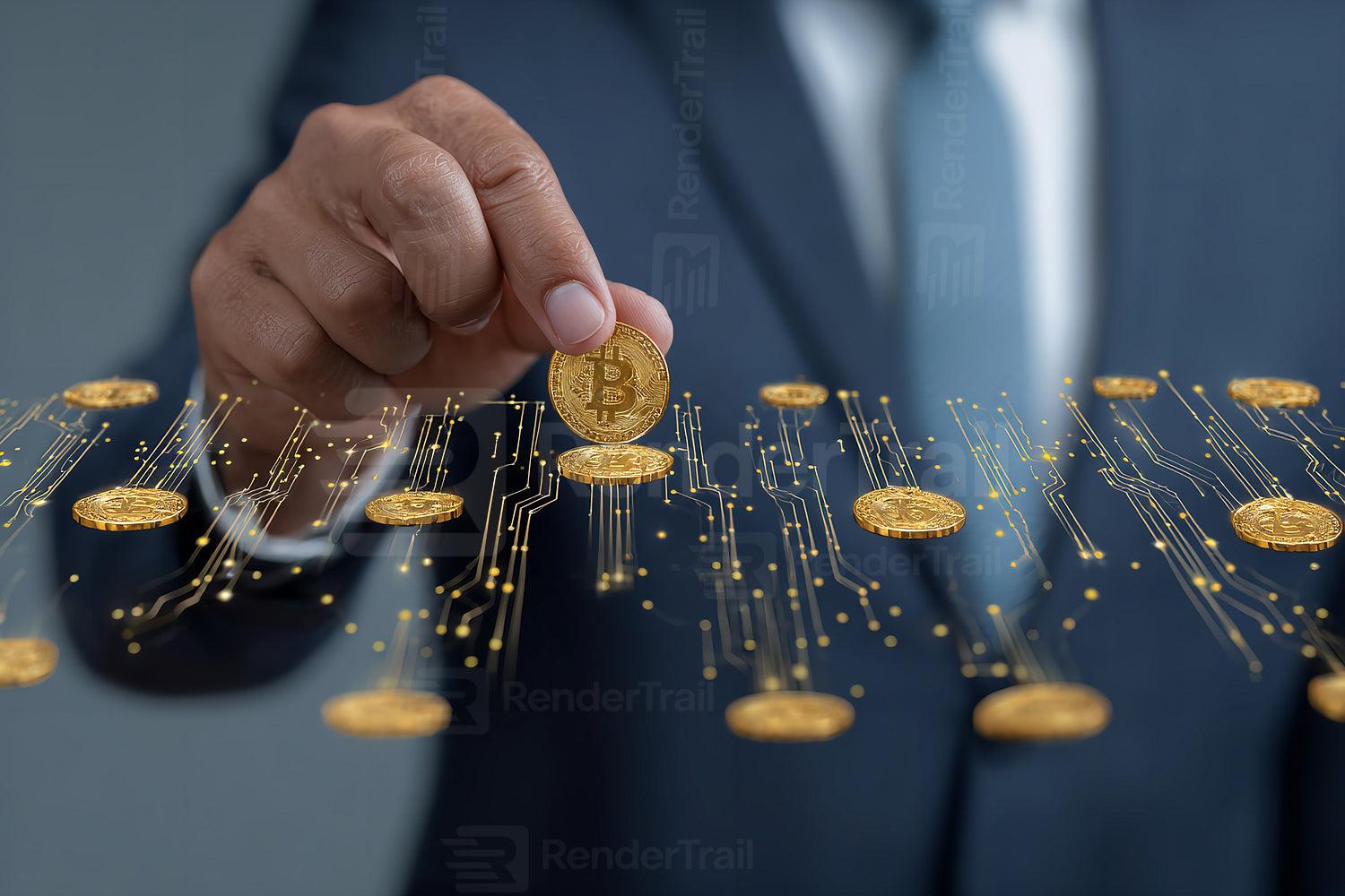 Holding a bitcoin with digital coins floating in the air, highlighting the growth of cryptocurrency technology