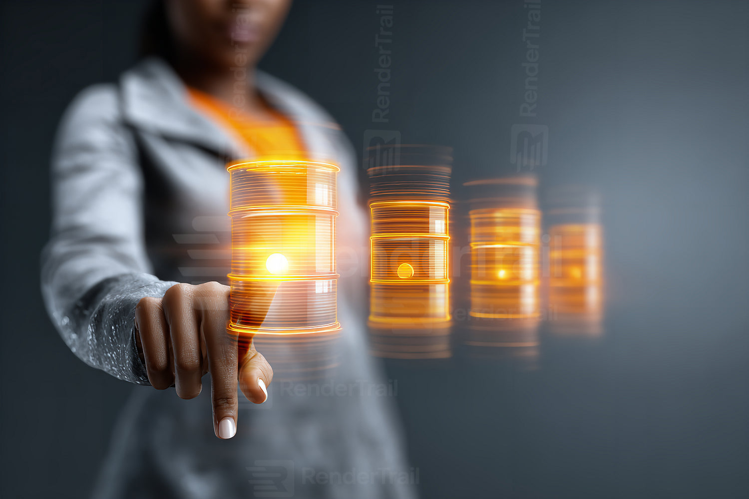 Woman interacting with glowing data icons in a modern digital environment during a technology-focused event