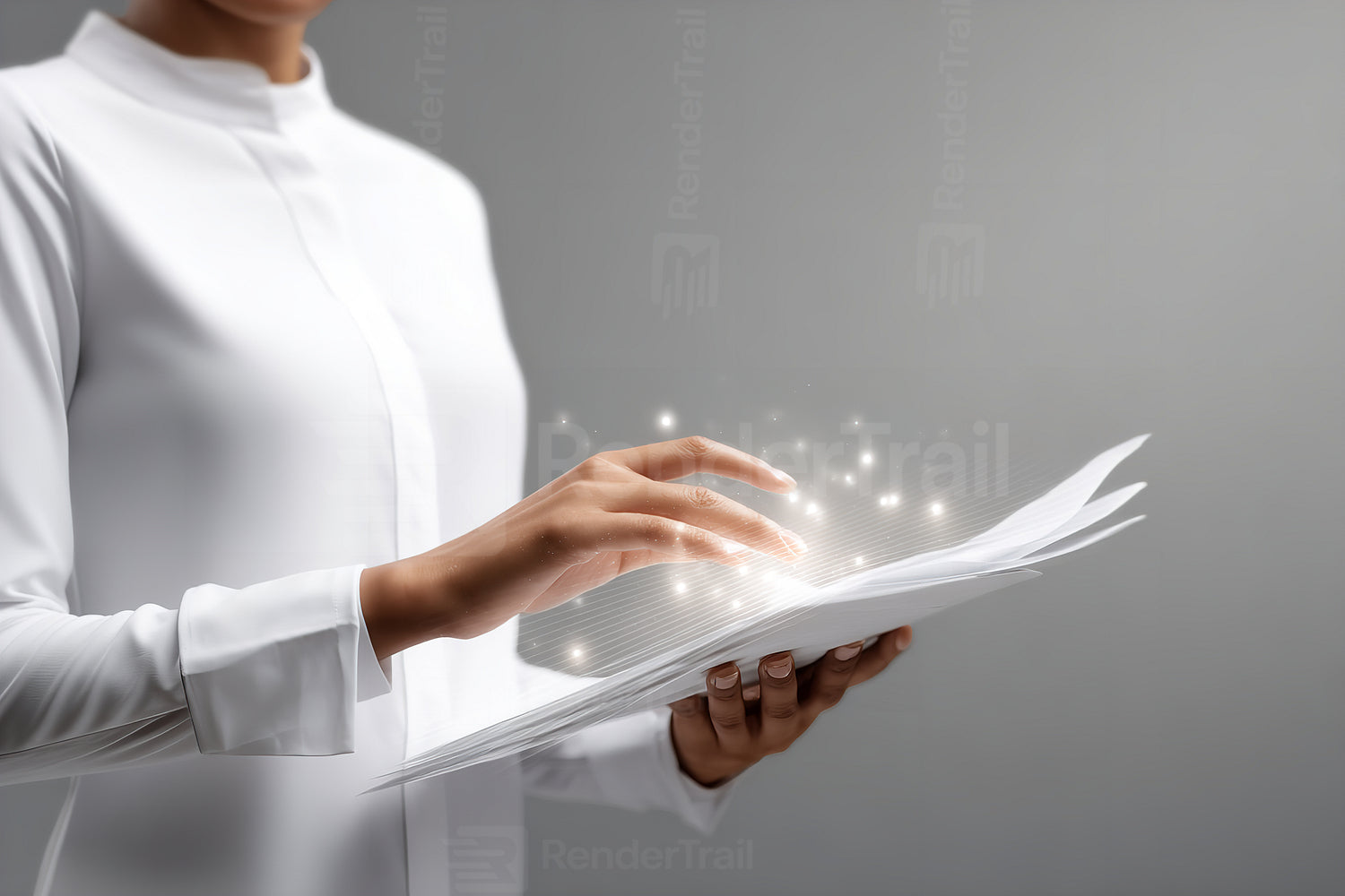 Woman in white attire interacting with papers while creating sparkling effects in a minimalistic setting