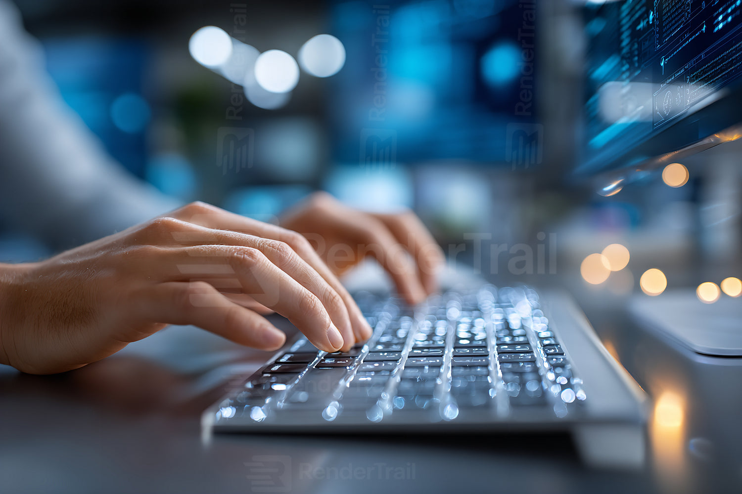 Hands typing on a backlit keyboard in a modern workspace with digital screens showing data analysis at night