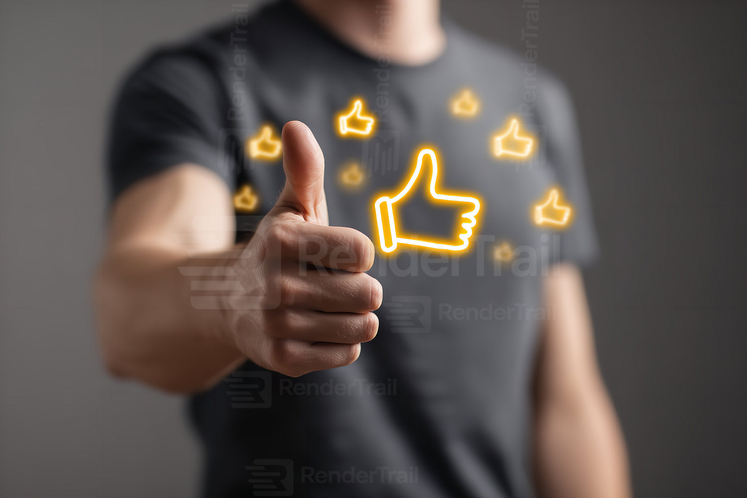 Person giving a thumbs up with glowing thumbs and stars in a dark setting showing approval and positivity
