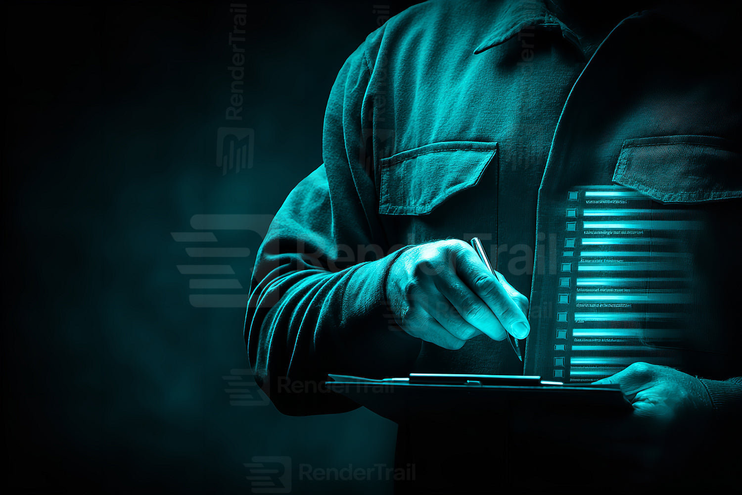 Man in dark setting uses tablet to access digital data with glowing elements and futuristic vibe