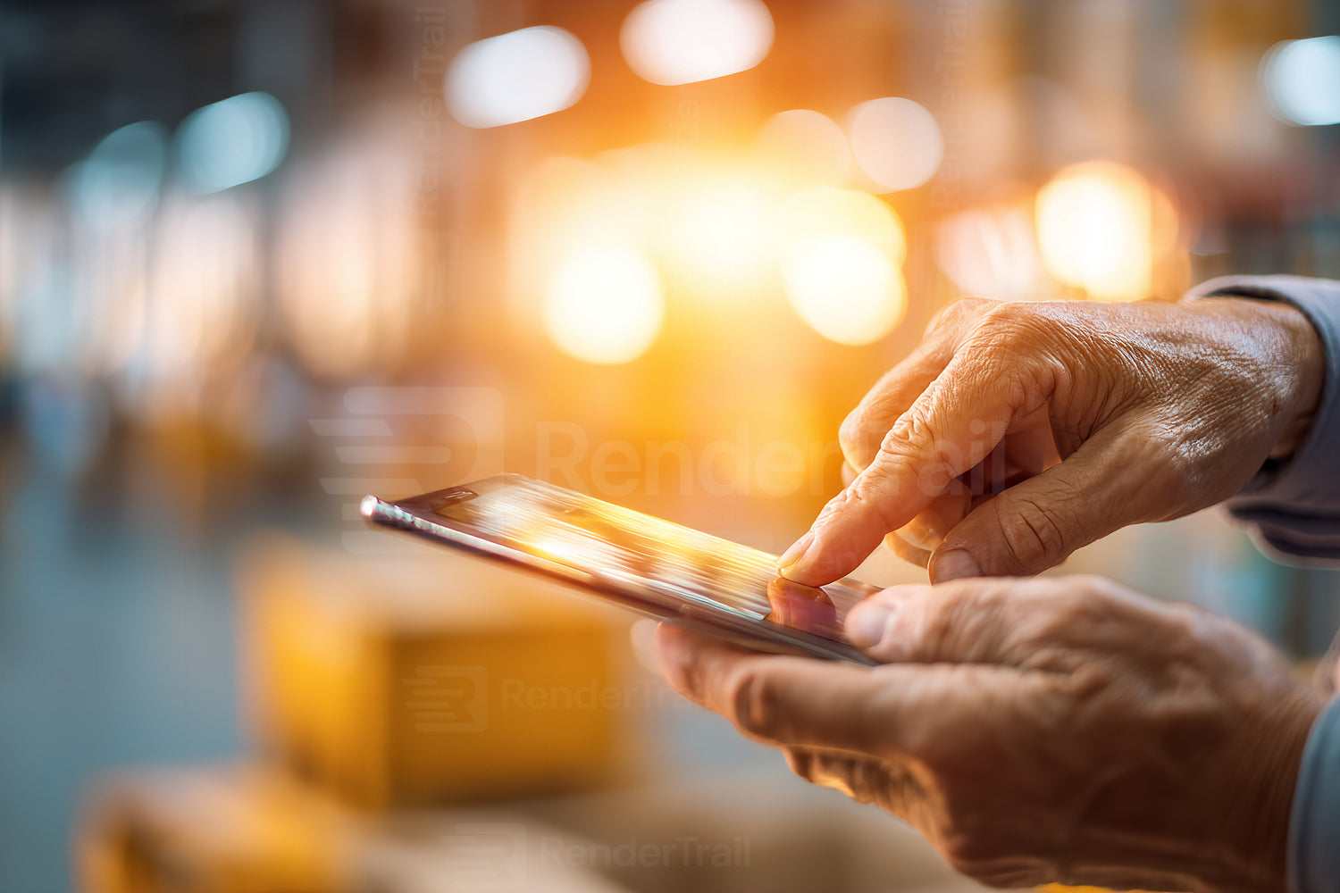 Man using smartphone in a busy warehouse during sunset, focused on screen and surrounded by boxes