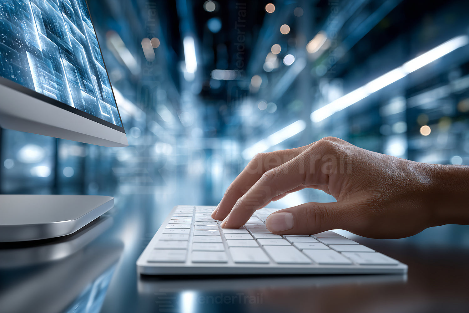 Person typing on a modern keyboard in a bright, technology-focused workspace during a busy day