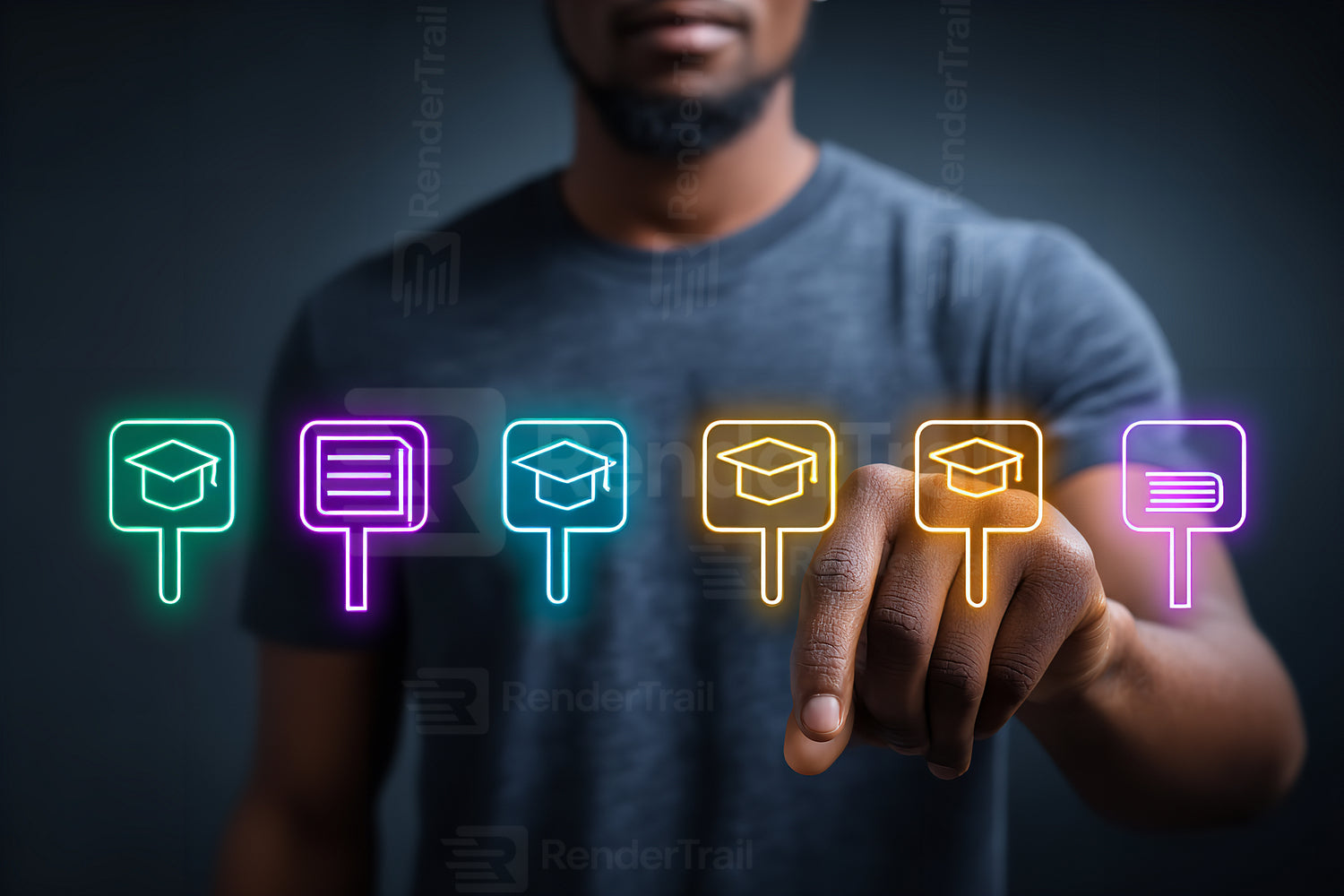 Hand touches digital education icons on virtual screen during a technology training session in a modern learning environment