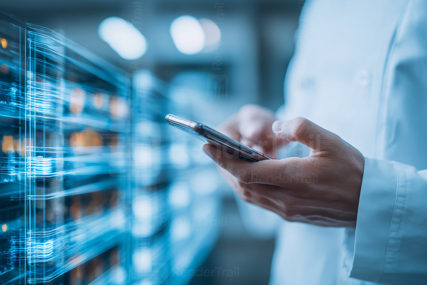 Technician using smartphone to monitor data in a modern laboratory setting during the day