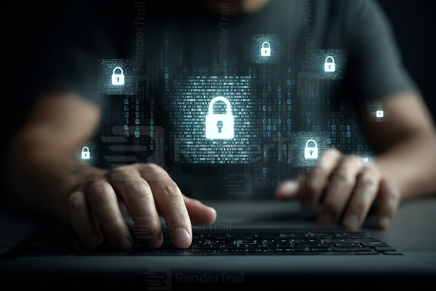 Secure data protection online with digital locks and binary code symbolism