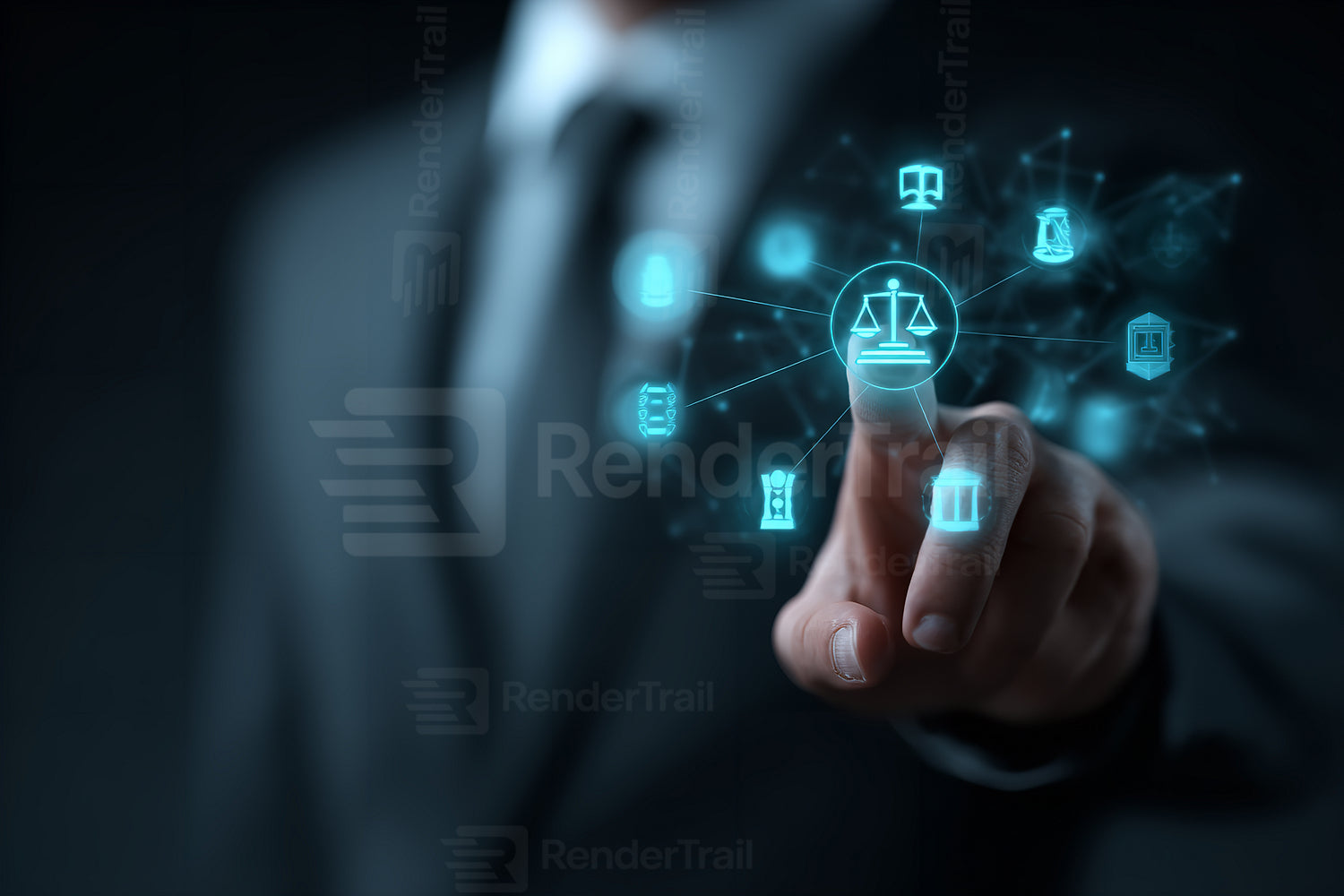 Business professional interacting with digital legal icons in dark background to represent modern law technology concepts